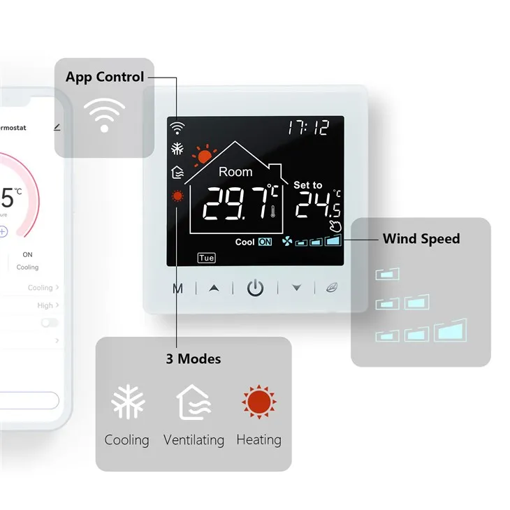 White Frame Black Backlight Large Screen Fan Coil Thermostat TR9B-AC