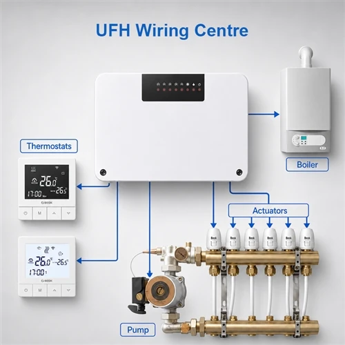 Ako centrum elektroinštalácie UFH riadi termostaty, ovládače, čerpadlo a kotol
